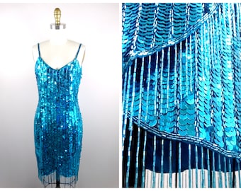 S/M Bright Blue Beaded Fringe Dress // Aqua Sequined Tassel Beading Dress // Fully Embellished Hand Beaded Dress