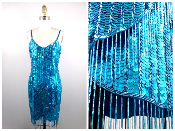 S/M Bright Blue Beaded Fringe Dress // Aqua Sequined Tassel Beading Dress  // Fully Embellished Hand Beaded Dress - Etsy
