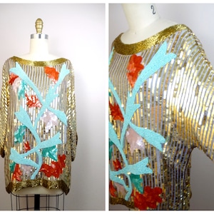 80s Vintage Sequined Top / Flashy Gold Sequined Beaded Top / Dolman Sequin Top