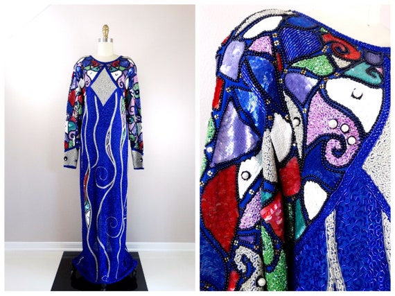 Naeem Khan Beaded Gown // HEAVY Glass Beaded Sequined Couture Dress //  HEAVILY Embellished Evening Gown by RIAZEE - Etsy