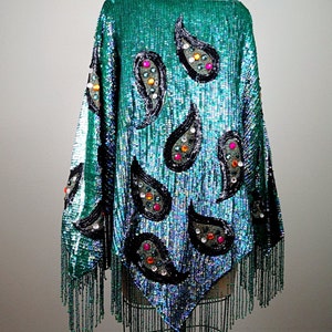 RARE Haute Couture Sequined Fringe Beaded Poncho / Jade Green Art Deco Jewel Encrusted Sequin Embellished Cape Top image 4