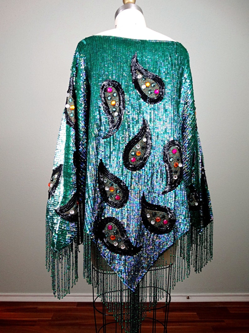 RARE Haute Couture Sequined Fringe Beaded Poncho / Jade Green Art Deco Jewel Encrusted Sequin Embellished Cape Top image 4