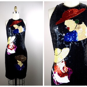 Vogue Novelty Sequin Dress / RARE Vintage Portrait Sequined Party Dress / Ladies in Hats Glamour Tea Party Dress