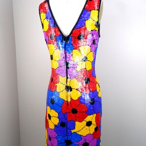 Psychedelic Sequin Dress / Retro Neon Floral Sequin Embellished Mini Dress / Bright Pink Purple Blue Red and Yellow Roses Sequined Dress image 5