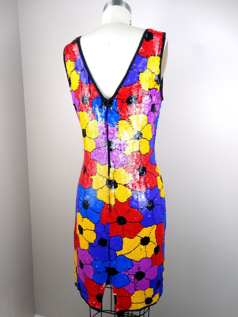 Psychedelic Sequin Dress / Retro Neon Floral Sequin Embellished Mini Dress / Bright Pink Purple Blue Red and Yellow Roses Sequined Dress image 5