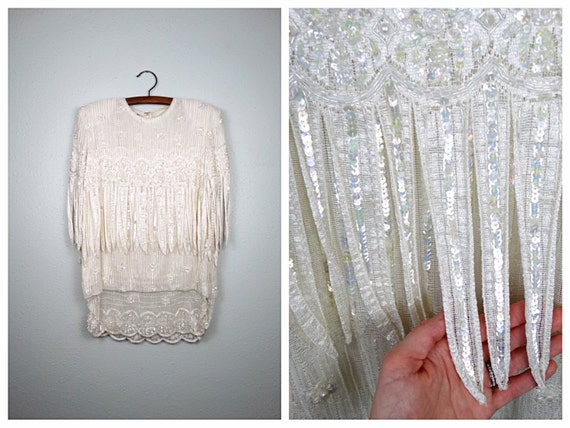 Fringe Lace Sequined Sheer Long Tunic / Iridescen… - image 1