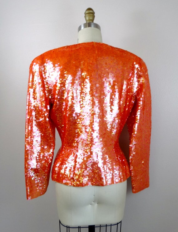 S/M Orange Sequin Blazer // Bright Sequined Vinta… - image 5