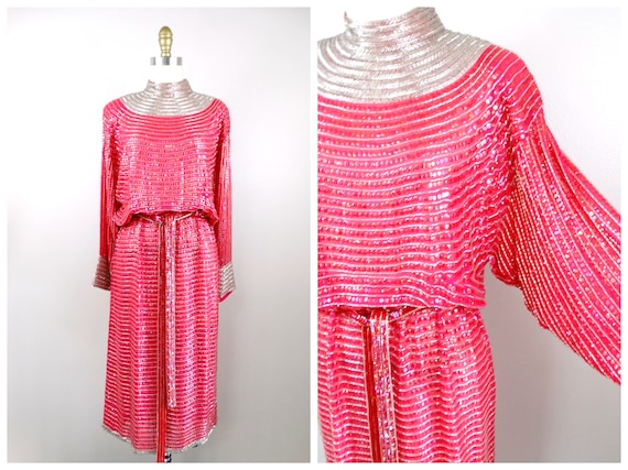 women's beaded dolman-sleeve dress Strawberry Pink Sequined Silver High Neck Dolman Sleeve W/ Cinched Waist and Belt The plunging V Camuto Aureia Elegant Brown Elastic Aiguillette Fourragere Type:WWII - Green With Gold Spots and Brass Tip