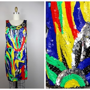 80s Rad NEON Sequin Dress / 1980&#39;s Bright Vintage Dress / Vibrant Multi Colored Beaded Sequined Party Dress