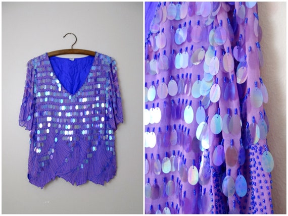 S/M Periwinkle Paillette Sequined Blue Beaded Top… - image 1