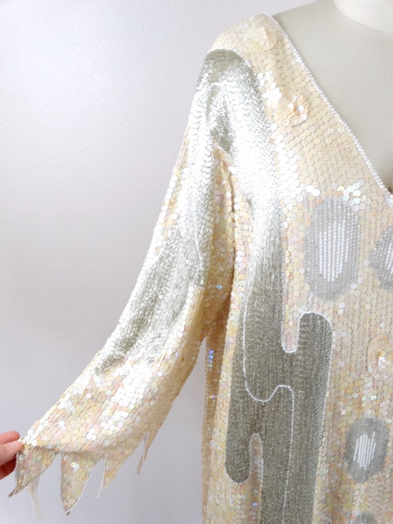 70s 80s Liquid Beaded Ivory Sequin Dress / 1970's… - image 8