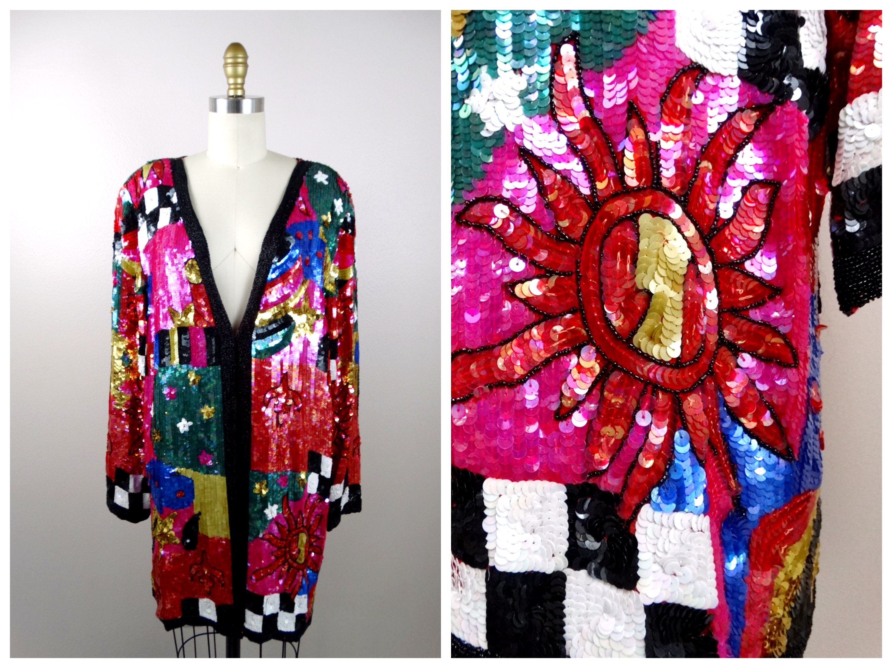 L/XL Retro Rainbow Sequin Dress Jacket / Colorful Vintage Blazer