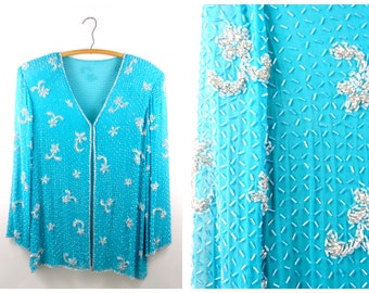 Bright Turquoise Silk Beaded Sheer Jacket / Blue and Silver Bead Embellished Dressy Evening Cardigan