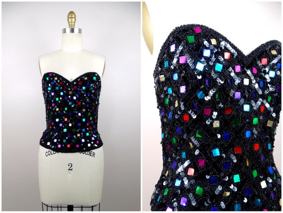 Jewel Sequined Beaded Art Deco Bustier // Rainbow… - image 5