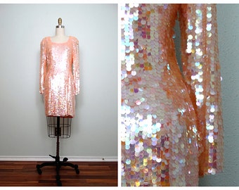 Pastel Paillette Sequin Dress / Iridescent Pink Sequined Embellished Dress by Oleg Cassini Black Tie