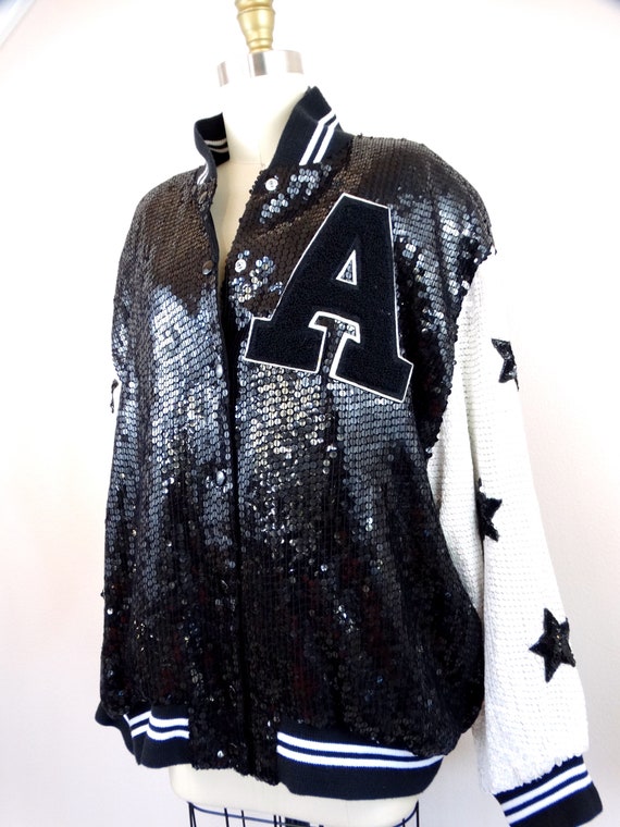 90s Sequined A Bomber Jacket // Stars Varsity Let… - image 3