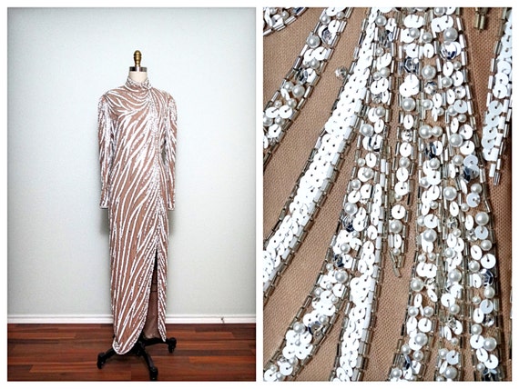 RARE Couture Vintage Pearl Beaded Gown / Nude Illusion White Sequin Wedding Dress