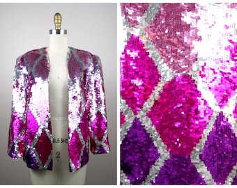 M/L 80s Couture Sequin Jacket / Ombré Pink Purple & Silver Gradient Sequined Cardigan Blazer