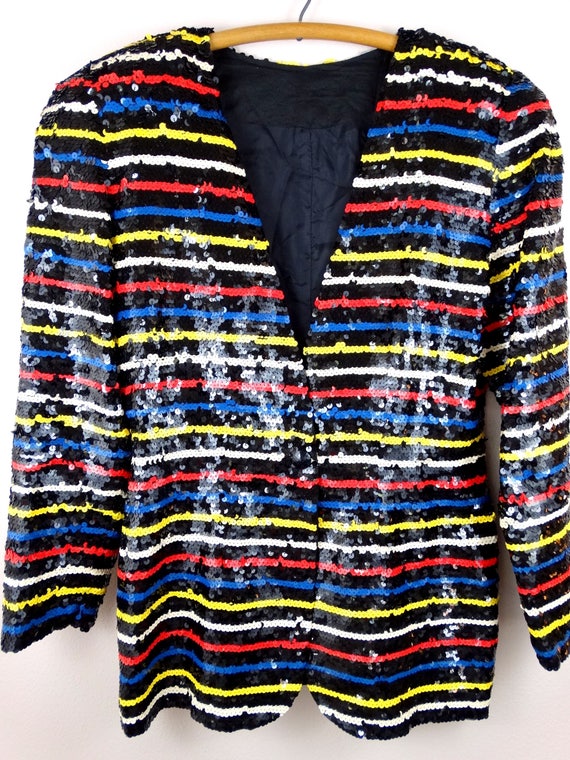 80s 90s Striped Sequin Blazer / Red Yellow Blue S… - image 2