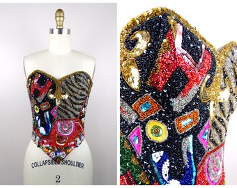 Ornate Jewel Beaded Couture Vintage Bustier // Whimsical Sequin Embellished Designer Vintage Couture Bustier Top