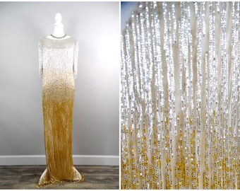 HEAVY Beaded Fringe Gown / Gold and Silver HEAVILY Embellished Evening Dress / Fringed Beaded Couture Gown 9 lbs !!!