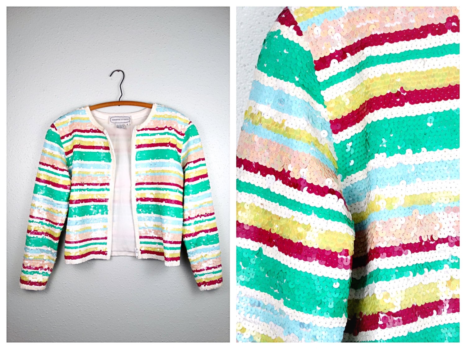 Vintage Sequin Cardigan, Pastel Stripe Zipper Jacket (S/M) - Etsy