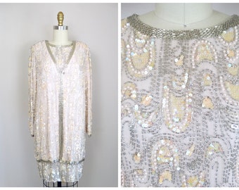 Heavily Beaded Sequin Dress w/ Jacket // Pastel Pink Silk Iridescent Sequined Dress // Mother of the Bride Dress w/ Long Blazer