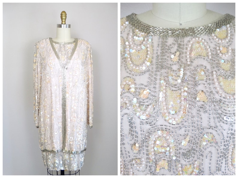 ML Heavy Pearl Beaded Sequin Dress w Overcoat Pastel Pink Silk Iridescent Sequined Dress Mother of the Bride Dress w Long Blazer