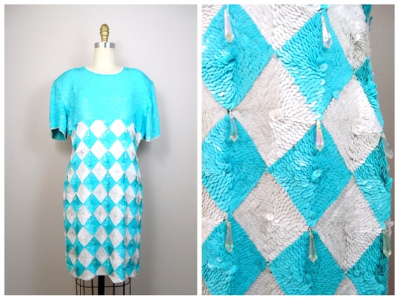 RARE Arctic Sequin Dress • Aqua Neon Blue and Whi… - image 1