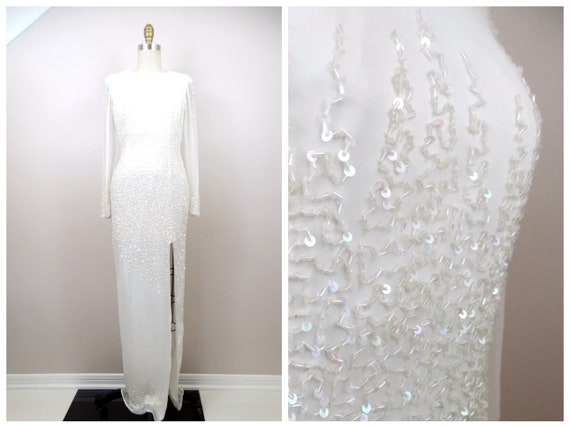 Vintage Sequined Beaded Wedding Dress / Iridescen… - image 1