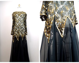 70s Gold Sequin Embellished Sheer Gown // Completely See Through 1970s Black Silk Chiffon Sequined Flowy Maxi Dress