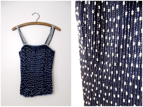 XS/S Navy and White Beaded Bustier Top / 1990's P… - image 1