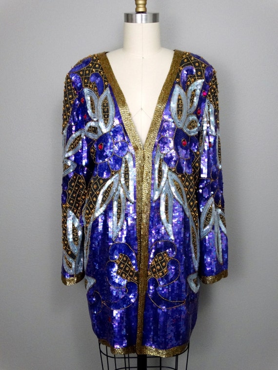 Plus Size Purple Sequin Embellished Long Jacket /… - image 2