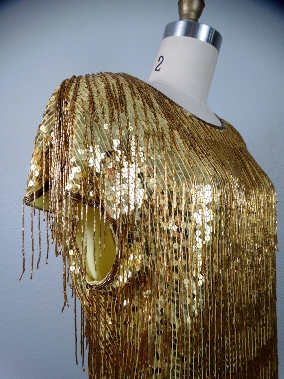 All Over Fringe Beaded Dress // Fringed Gold Sequin Embellished Mini Dress  - Etsy
