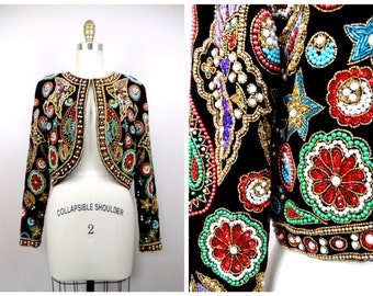 Ornate Jewel Beaded Designer Couture Bolero / Velvet Velour Jeweled Cropped Jacket