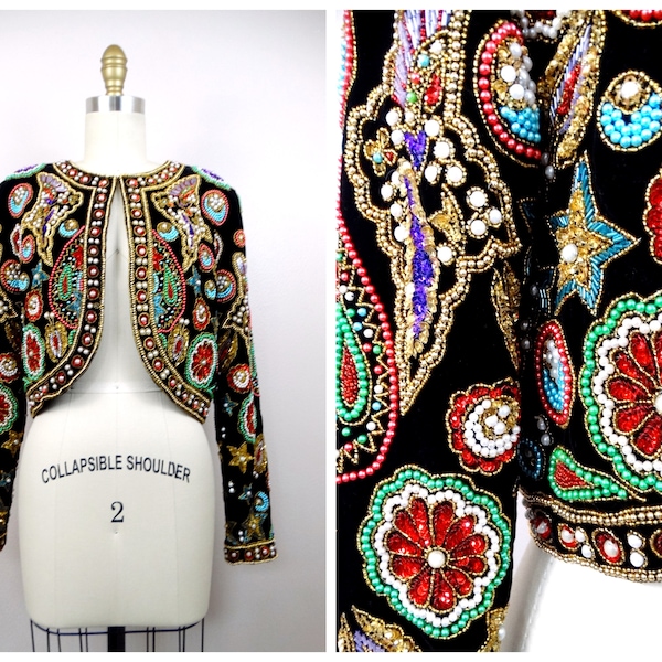 Ornate Jewel Beaded Designer Couture Bolero / Velvet Velour Jeweled Cropped Jacket