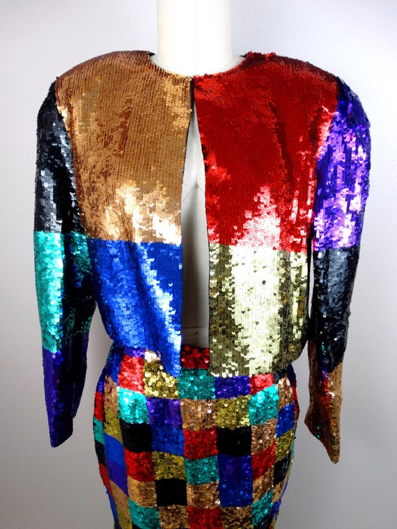 80s 90s Sequin Color Block Bolero Jacket and Mini… - image 2