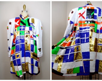 RARE Retro World Sequin Swing Coat / International Flags Sequined Overcoat / Bright Fully Embellished Long Jacket