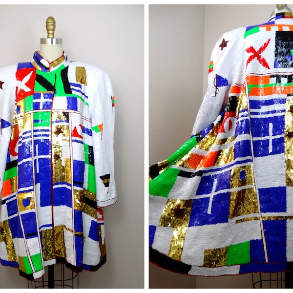 RARE Retro World Sequin Swing Coat / International Flags Sequined Overcoat / Bright Fully Embellished Long Jacket