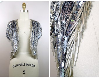 Haute Couture Fringe Beaded Bolero / Hand Embellished Sequined Mini Jacket / Reflective Mirror Sequin Shrug