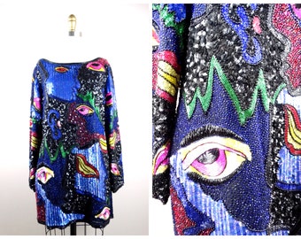 ESCADA Sequin Beaded Oversized Mini Dress // Novelty Faces Bright Sequined Dolman Sleeve Tunic Micro Mini Shirtdress