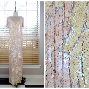 VTG Pink & Ivory Sequin Gown // Iridescent Vintage Sequined Dress // Dynasty Trophy Gown