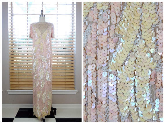 VTG Pink & Ivory Sequin Gown // Iridescent Vintag… - image 1