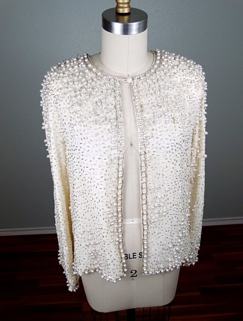Vintage Pearl Beaded Sequin Jacket // Heavily Ivory White Etsy