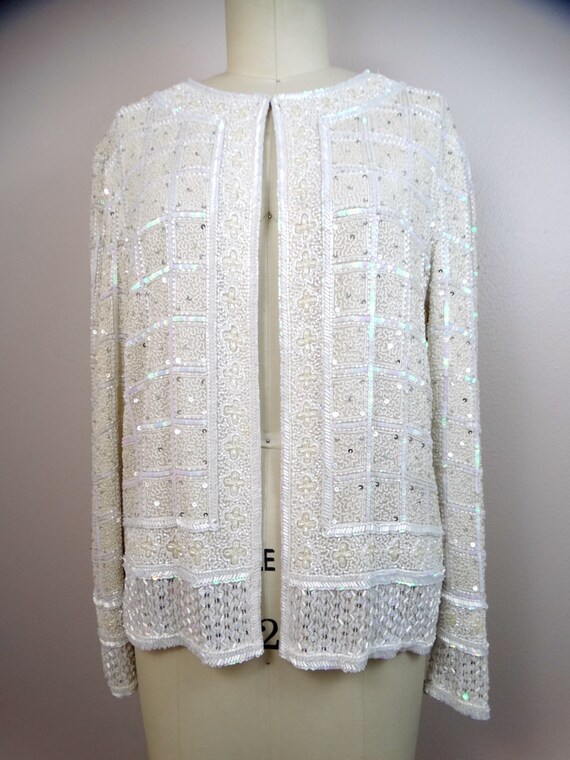 Iridescent Sequin Jacket // Bright White Beaded O… - image 5