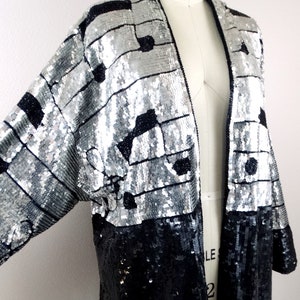 RARE Rockstar Sequin Novelty Duster // Black & Silver Sequined Beaded Musical Notes Long Jacket // Musicians Fully Embellished Coat image 4