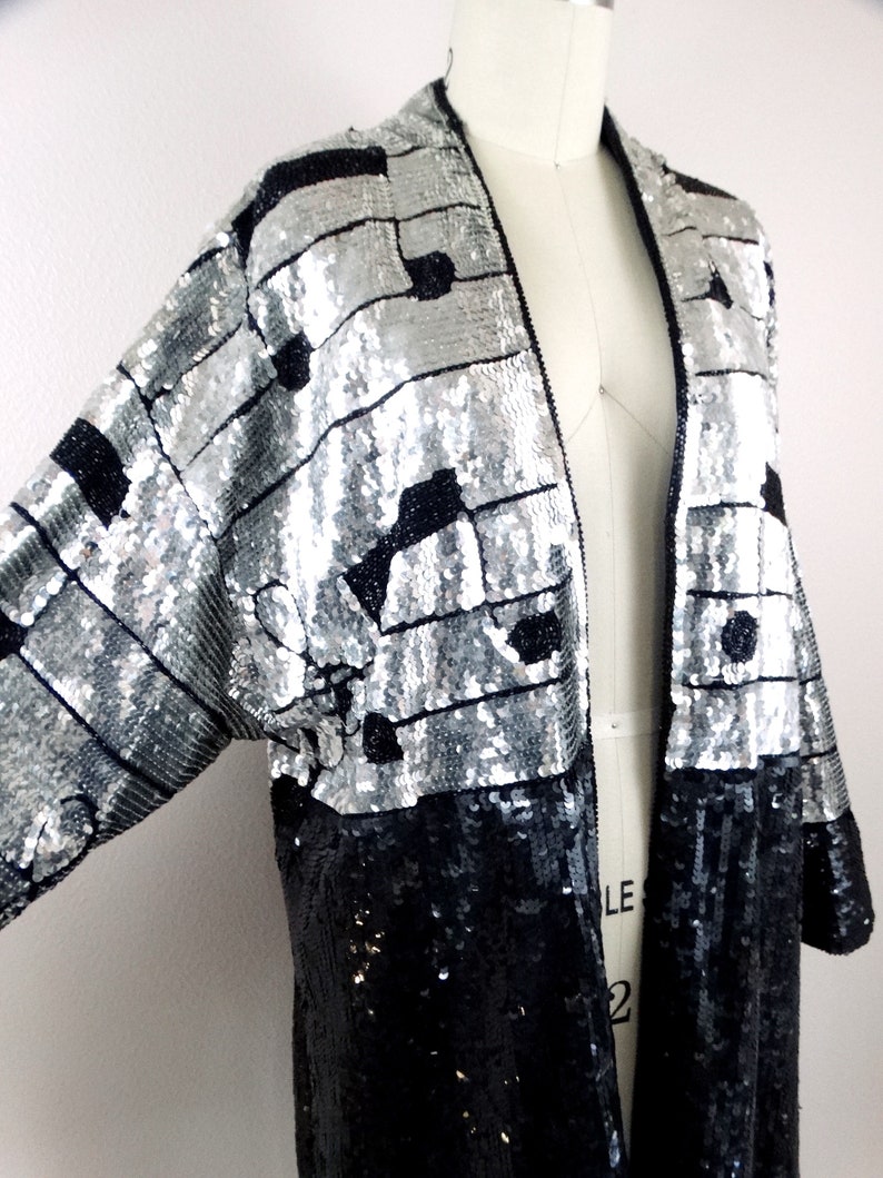 RARE Rockstar Sequin Novelty Duster // Black & Silver Sequined Beaded Musical Notes Long Jacket // Musicians Fully Embellished Coat image 4