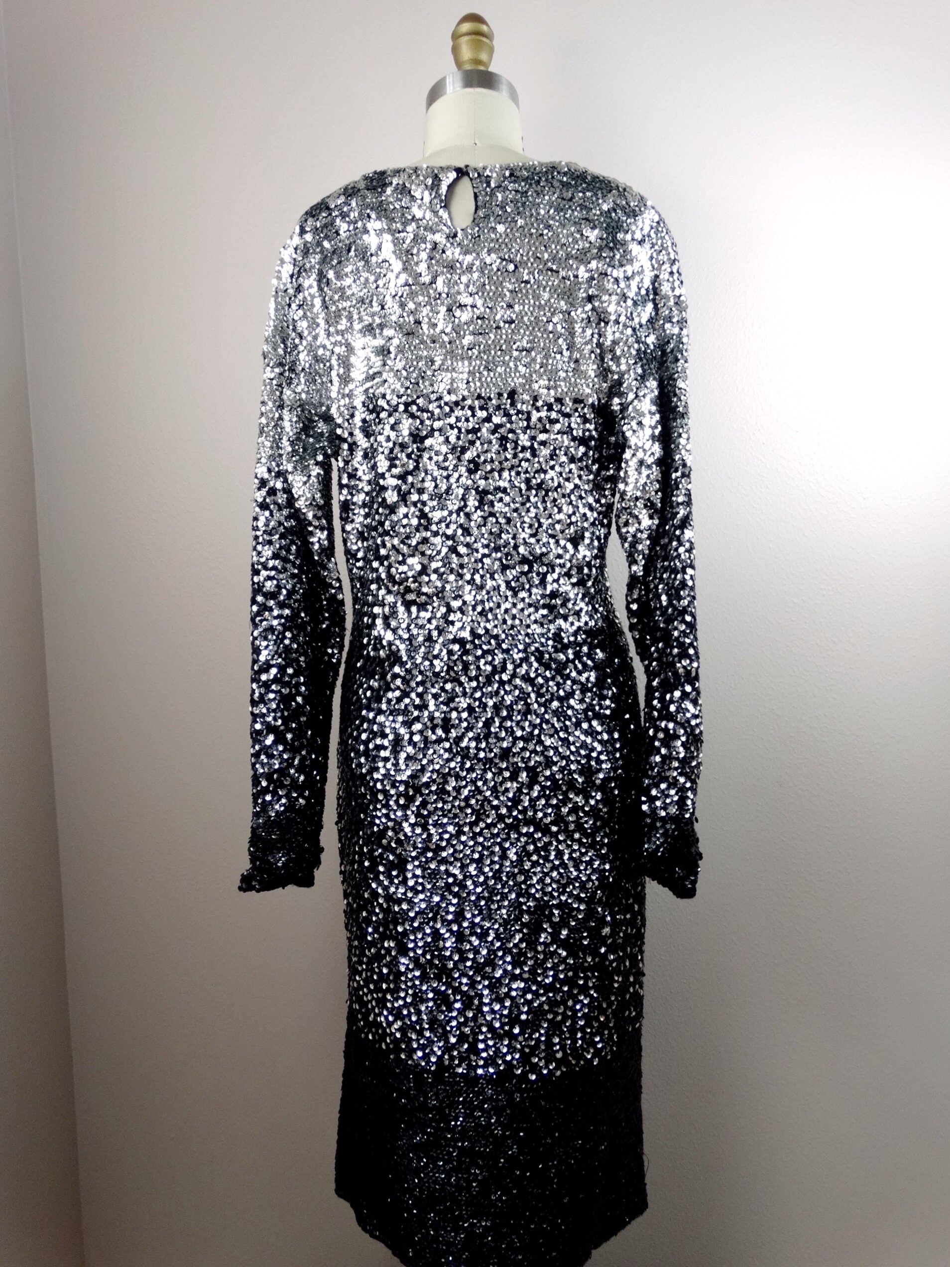 black and silver ombre dress Ombre Sequin Gown with Deep V Neck 49316
