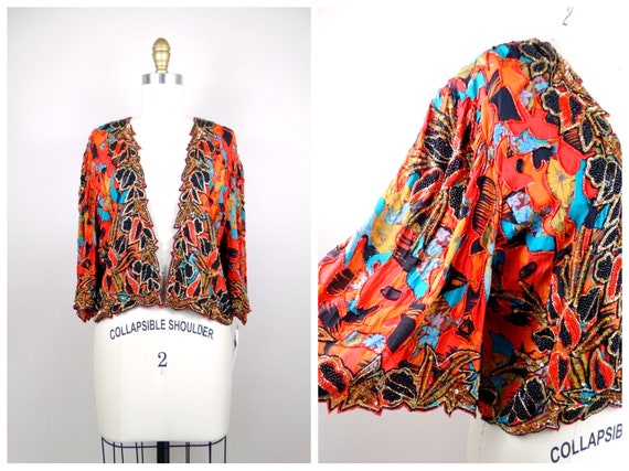 L/XL Beaded Bolero / Red Orange Teal & Gold Beade… - image 1