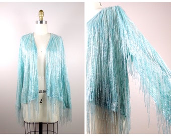 HALSTON Fringe Beaded Open Jacket // HEAVY Embellished Couture Cardigan w/ Tassel Beading